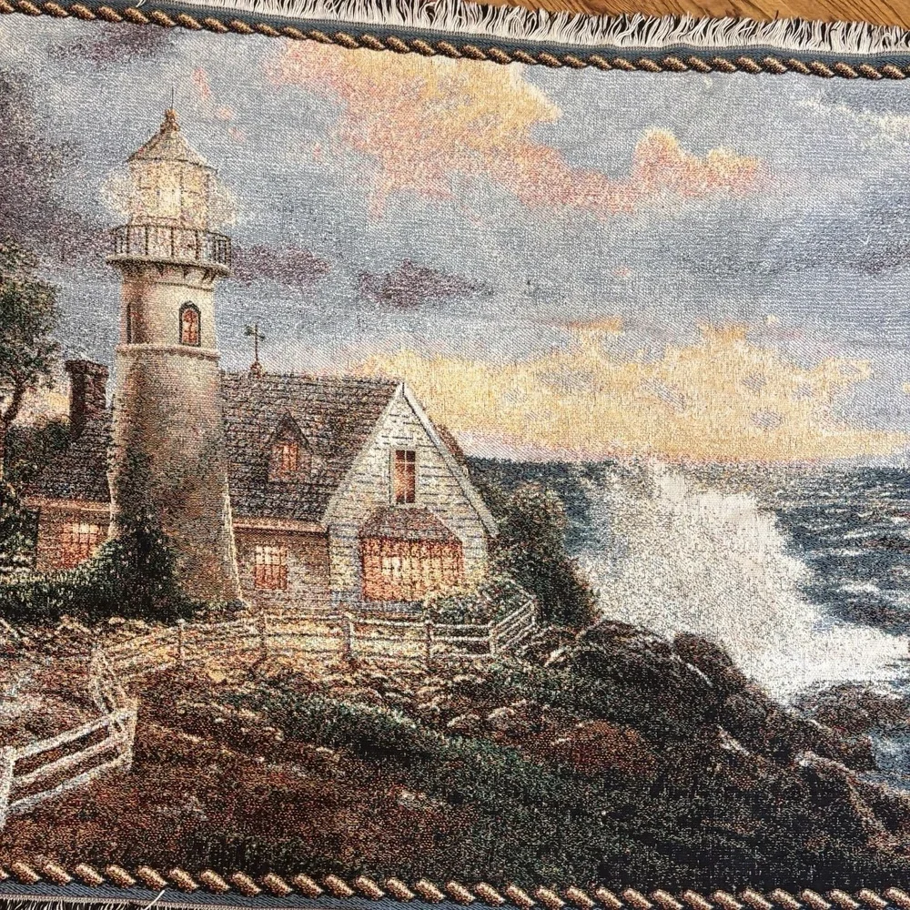 Thomas Kinkade A Light in the Storm Woven Tapestry Throw Blanket Fringed 45x65